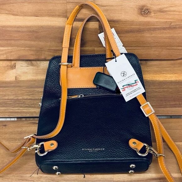 NWT DIVINA FIRENZE Black Tan Pebbled Italian Leather Convertible Backpack Bag main image 4